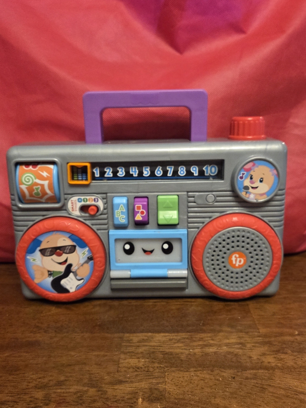 Fisher-Price Gray Learning Boombox Toy with Purple Handle and Red Accents